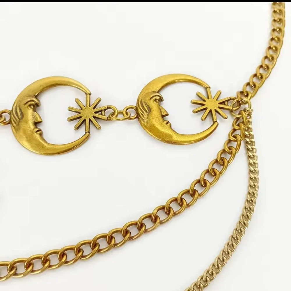 Celestial Crescent Moon & Star layered multi cascade‎ Chain Belt Boho western
